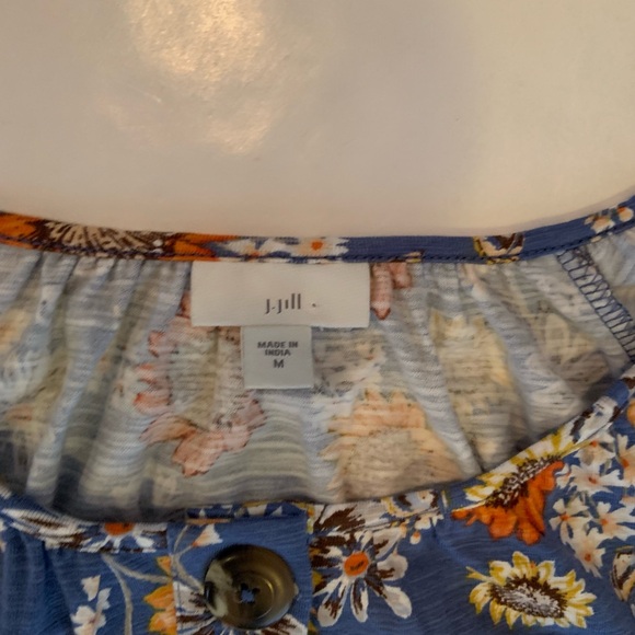 J. Jill Sunflower Knit Henley Dress Blue Orange Floral Tie Waist Tassels Medium - Picture 6 of 12